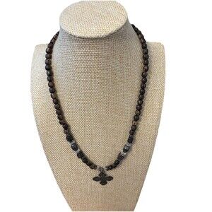 Wood Nut Beaded Necklace with Metal Cross Pendant Boho Artisan